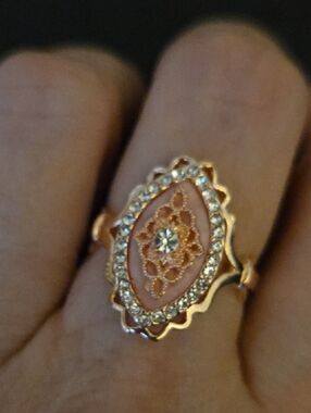 Delicate Gold-Tone Filigree Pink Resin Ring with Crystal Accents